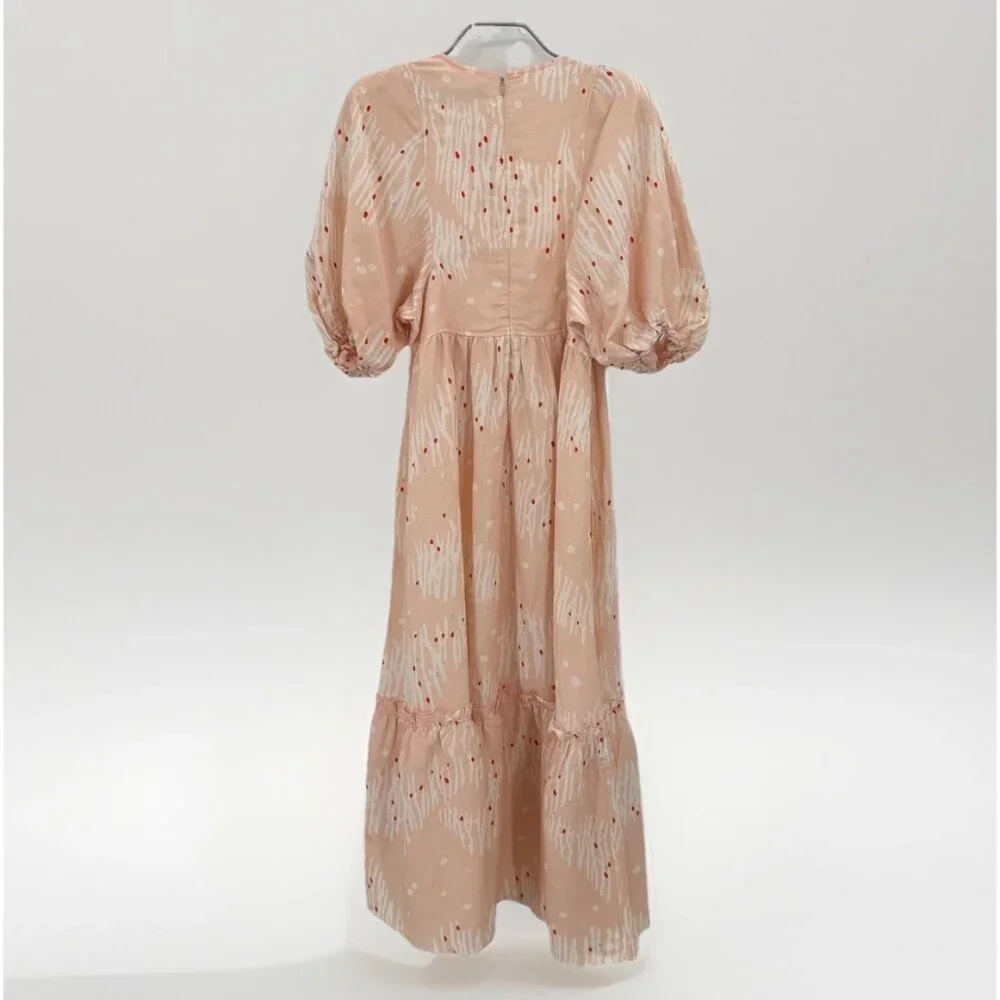 Hunter Bell Abstract Coral Palmer Linen Maxi Dress size XS Puff Sleeve Tiered - Picture 14 of 16